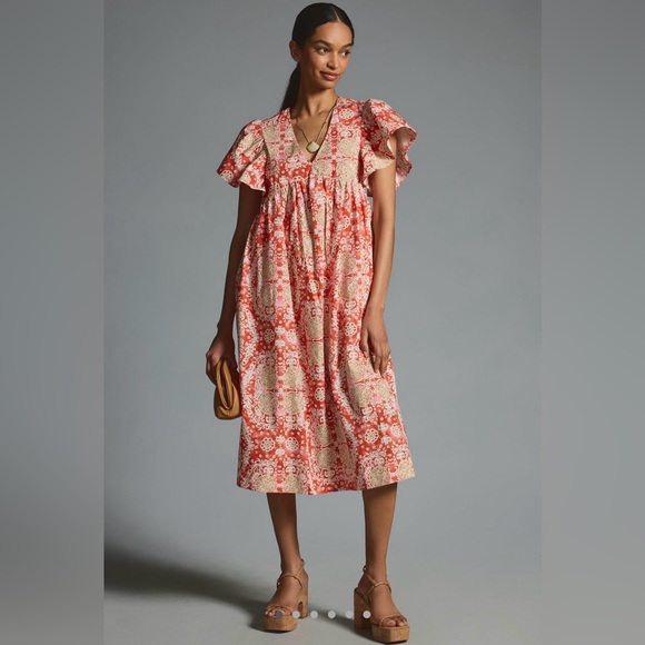 Anthropologie Maeve Printed Flutter Sleeve Babydoll Dress in Pink Pattern Size S - Picture 1 of 9